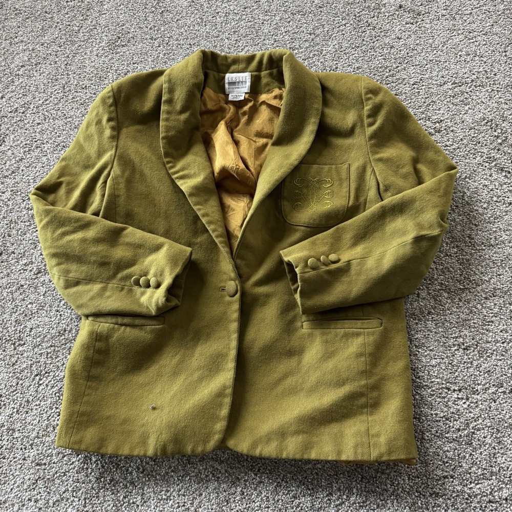 Vintage Leslie Fay Blazer Jacket Womens 14P Green Woven Lined Petite Career